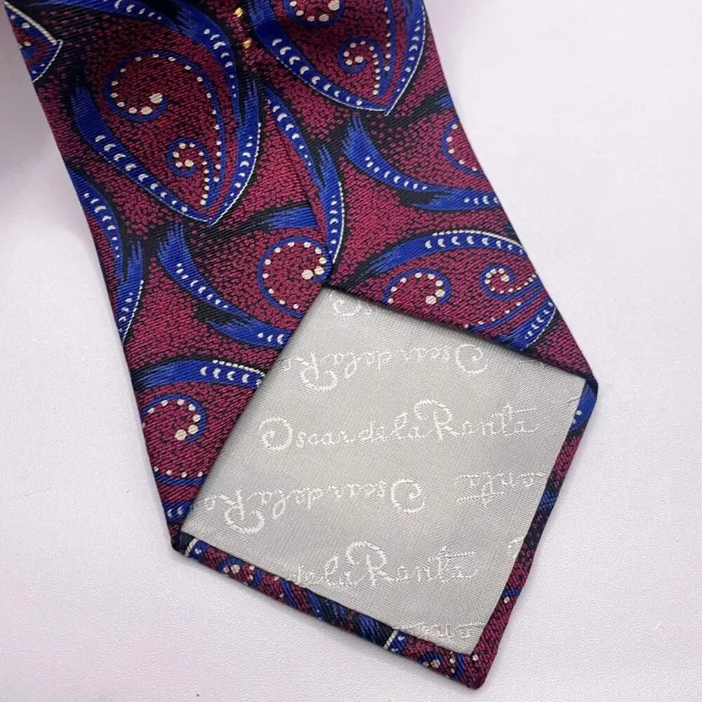 Oscar de la Renta Couture Silk Tie Paisley Pattern Burgundy Blue